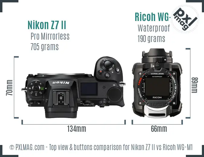 Nikon Z7 II vs Ricoh WG-M1 top view buttons comparison