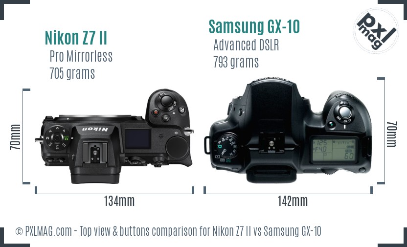Nikon Z7 II vs Samsung GX-10 top view buttons comparison