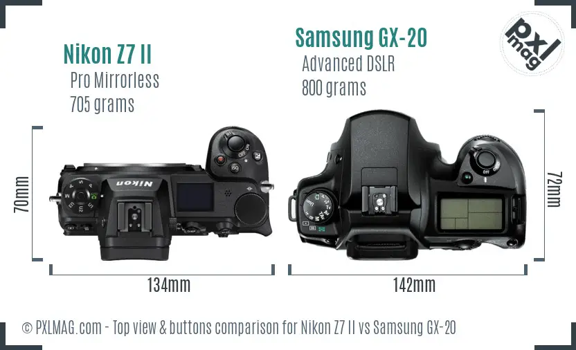 Nikon Z7 II vs Samsung GX-20 top view buttons comparison