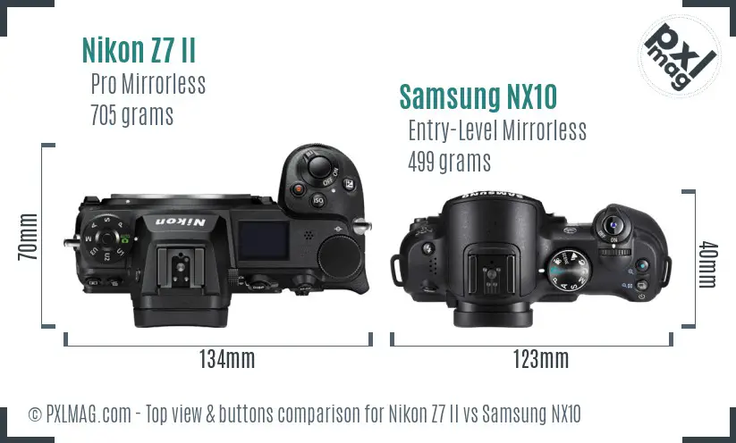Nikon Z7 II vs Samsung NX10 top view buttons comparison