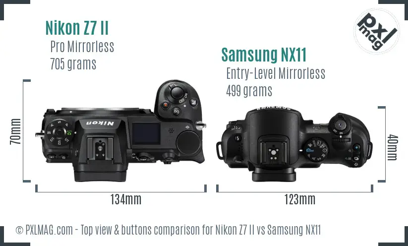Nikon Z7 II vs Samsung NX11 top view buttons comparison