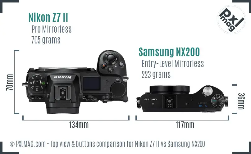 Nikon Z7 II vs Samsung NX200 top view buttons comparison
