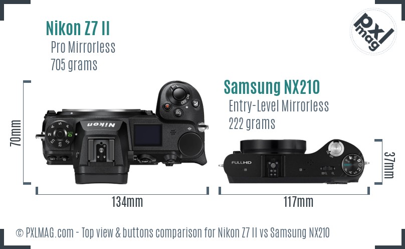 Nikon Z7 II vs Samsung NX210 top view buttons comparison