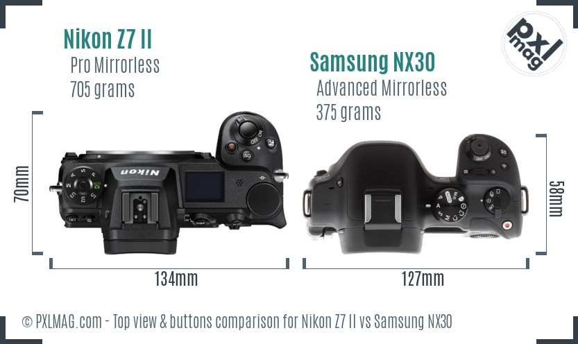 Nikon Z7 II vs Samsung NX30 top view buttons comparison