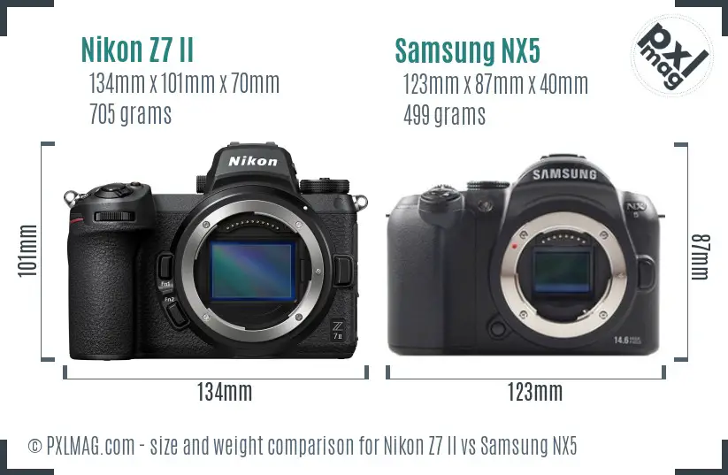 Nikon Z7 II vs Samsung NX5 size comparison