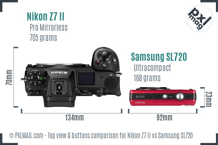 Nikon Z7 II vs Samsung SL720 top view buttons comparison