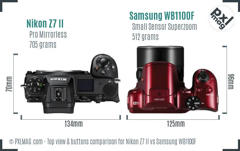 Nikon Z7 II vs Samsung WB1100F top view buttons comparison