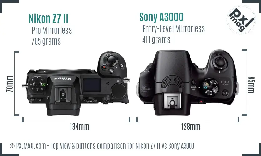 Nikon Z7 II vs Sony A3000 top view buttons comparison Nikon Z7 II vs Sony A3000 top view buttons comparison
