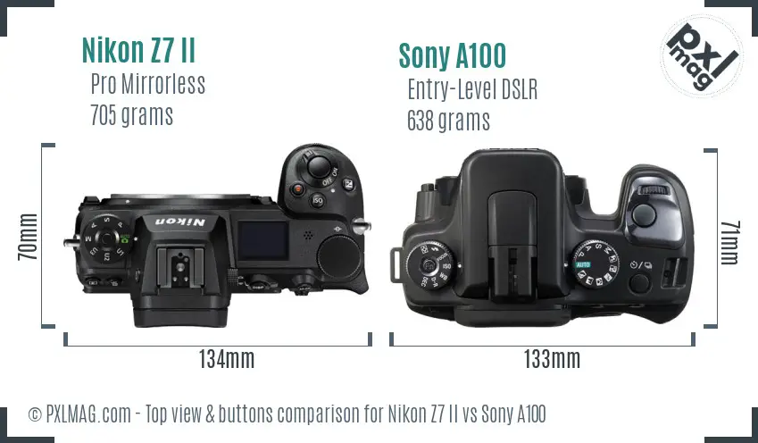 Nikon Z7 II vs Sony A100 top view buttons comparison