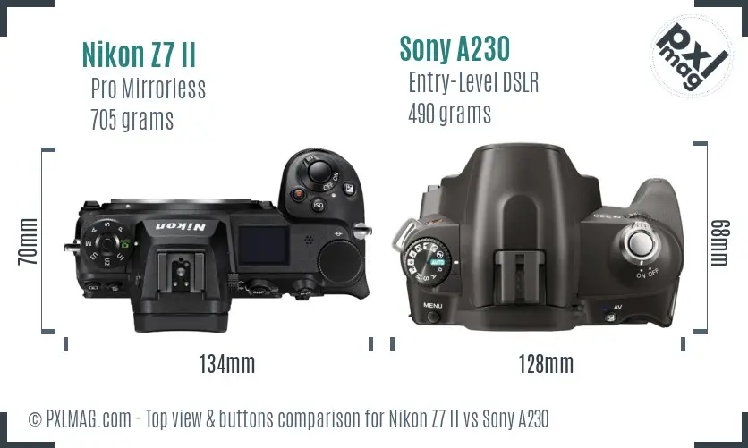 Nikon Z7 II vs Sony A230 top view buttons comparison