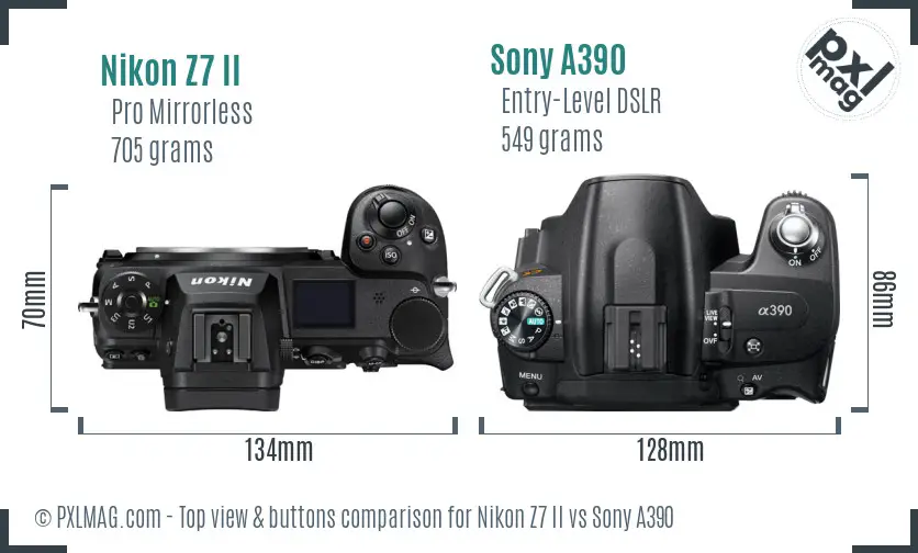 Nikon Z7 II vs Sony A390 top view buttons comparison