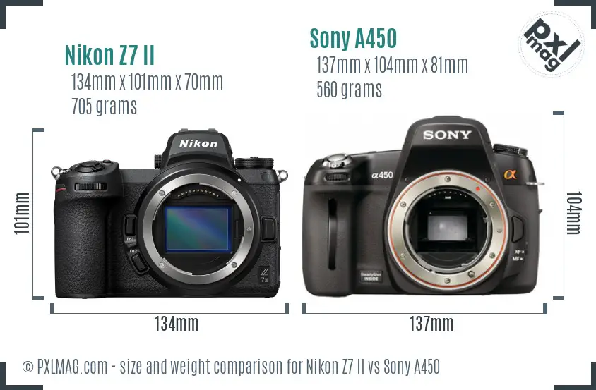 Nikon Z7 II vs Sony A450 size comparison