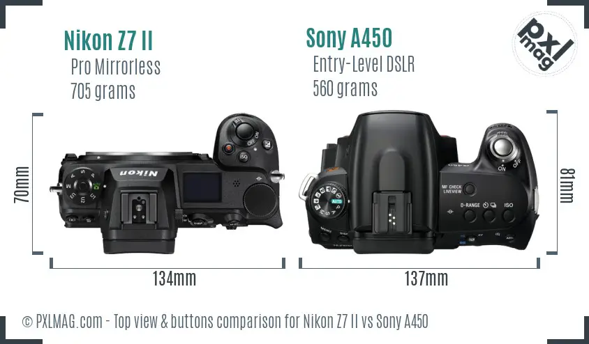 Nikon Z7 II vs Sony A450 top view buttons comparison