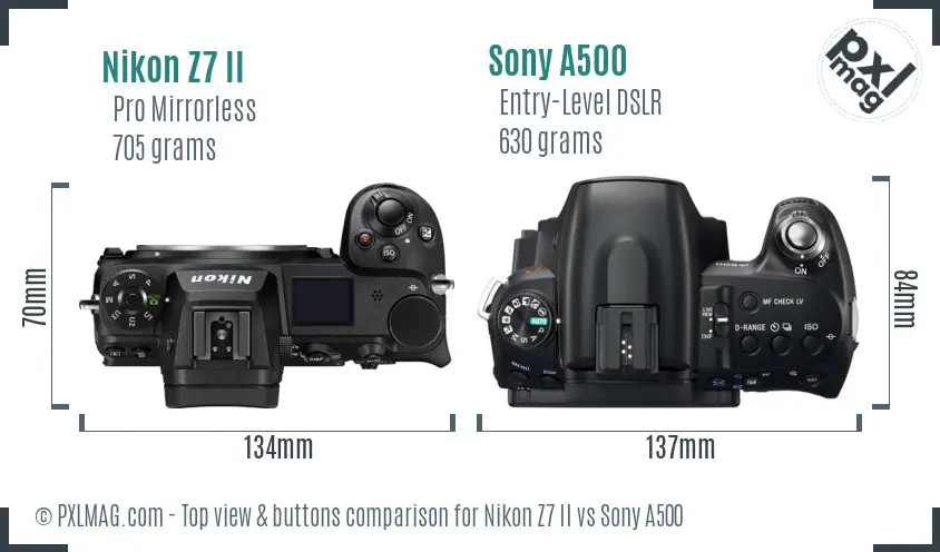 Nikon Z7 II vs Sony A500 top view buttons comparison