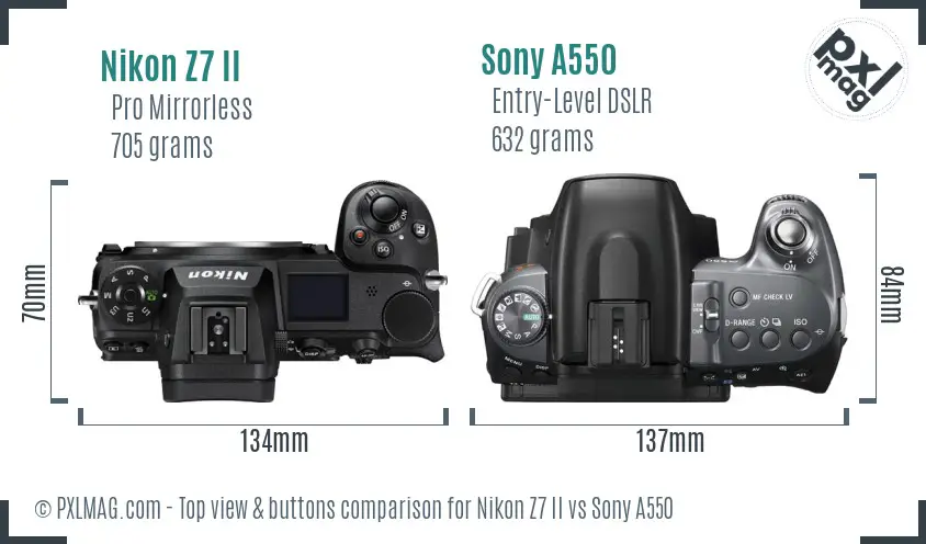 Nikon Z7 II vs Sony A550 top view buttons comparison