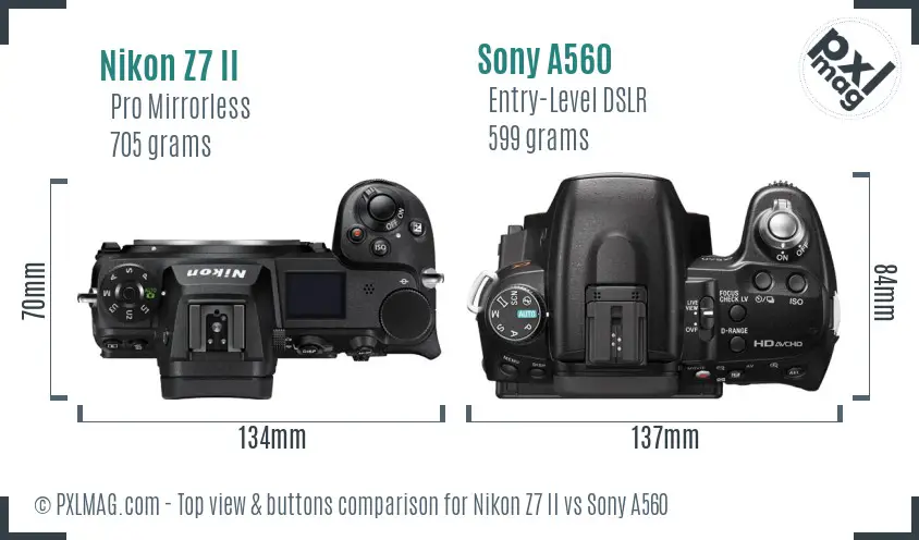 Nikon Z7 II vs Sony A560 top view buttons comparison