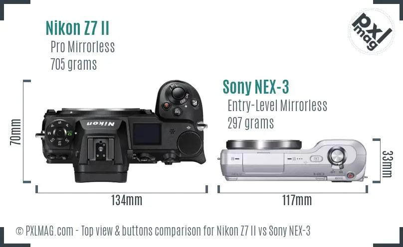 Nikon Z7 II vs Sony NEX-3 top view buttons comparison