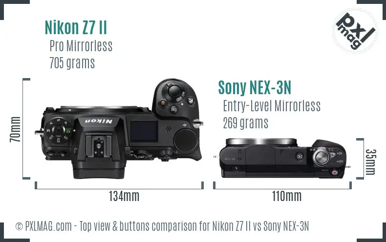 Nikon Z7 II vs Sony NEX-3N top view buttons comparison