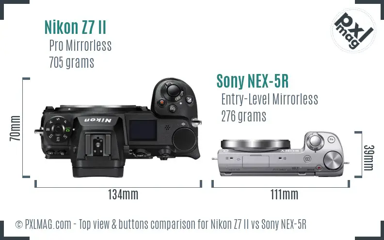 Nikon Z7 II vs Sony NEX-5R top view buttons comparison