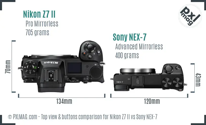 Nikon Z7 II vs Sony NEX-7 top view buttons comparison