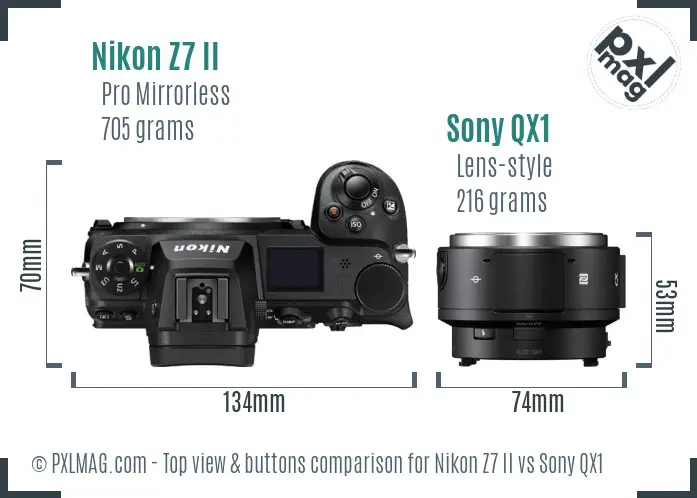 Nikon Z7 II vs Sony QX1 top view buttons comparison