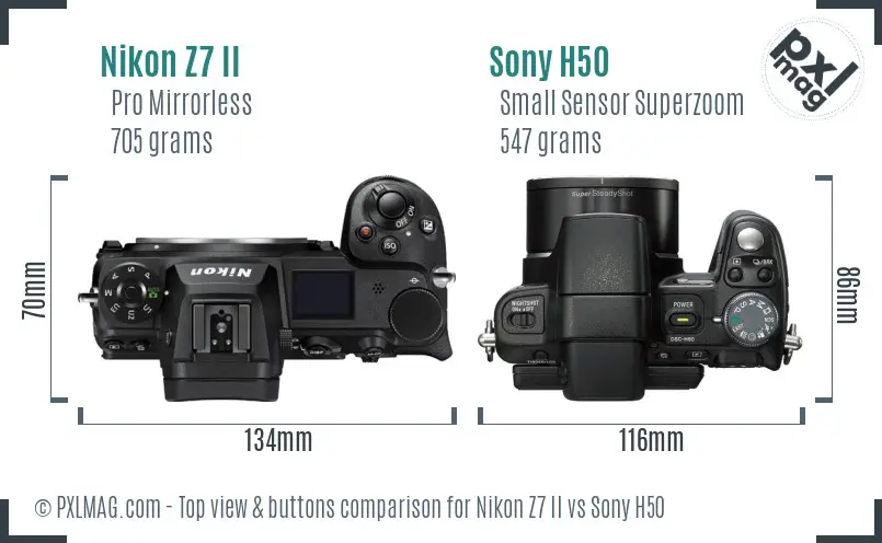 Nikon Z7 II vs Sony H50 top view buttons comparison