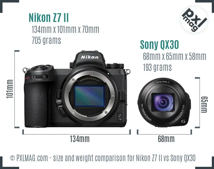 Nikon Z7 II vs Sony QX30 size comparison