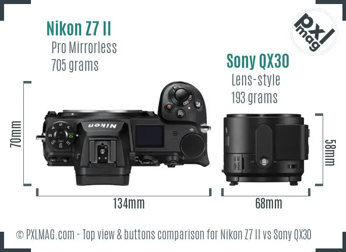 Nikon Z7 II vs Sony QX30 top view buttons comparison