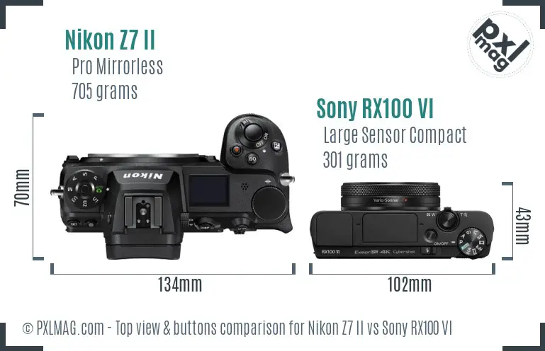 Nikon Z7 II vs Sony RX100 VI top view buttons comparison Nikon Z7 II vs Sony RX100 VI top view buttons comparison
