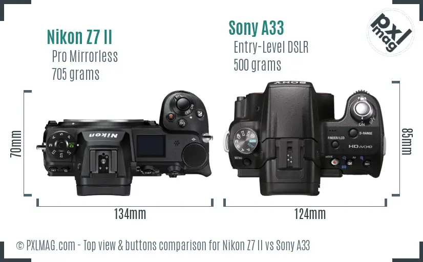 Nikon Z7 II vs Sony A33 top view buttons comparison