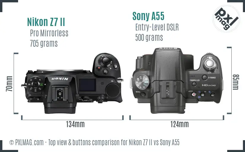 Nikon Z7 II vs Sony A55 top view buttons comparison