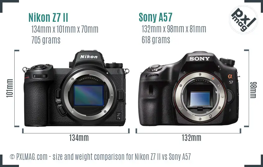 Nikon Z7 II vs Sony A57 size comparison