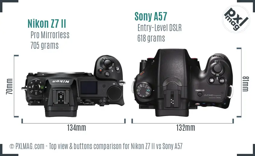 Nikon Z7 II vs Sony A57 top view buttons comparison