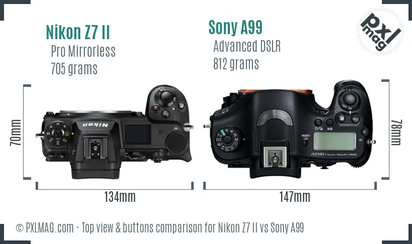 Nikon Z7 II vs Sony A99 top view buttons comparison Nikon Z7 II vs Sony A99 top view buttons comparison