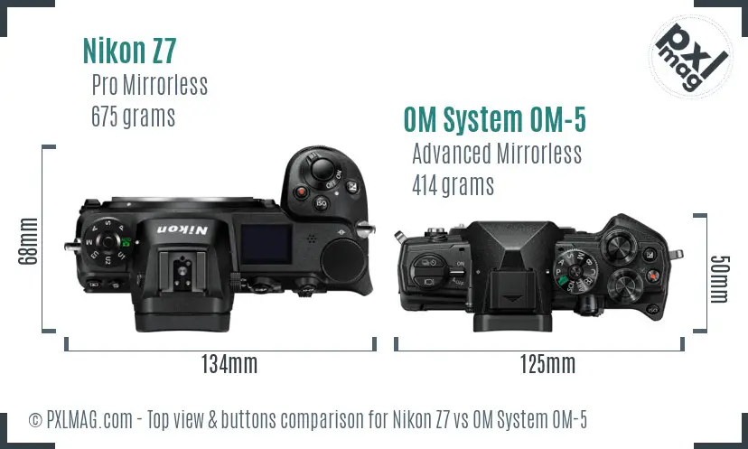 Nikon Z7 vs OM System OM-5 top view buttons comparison