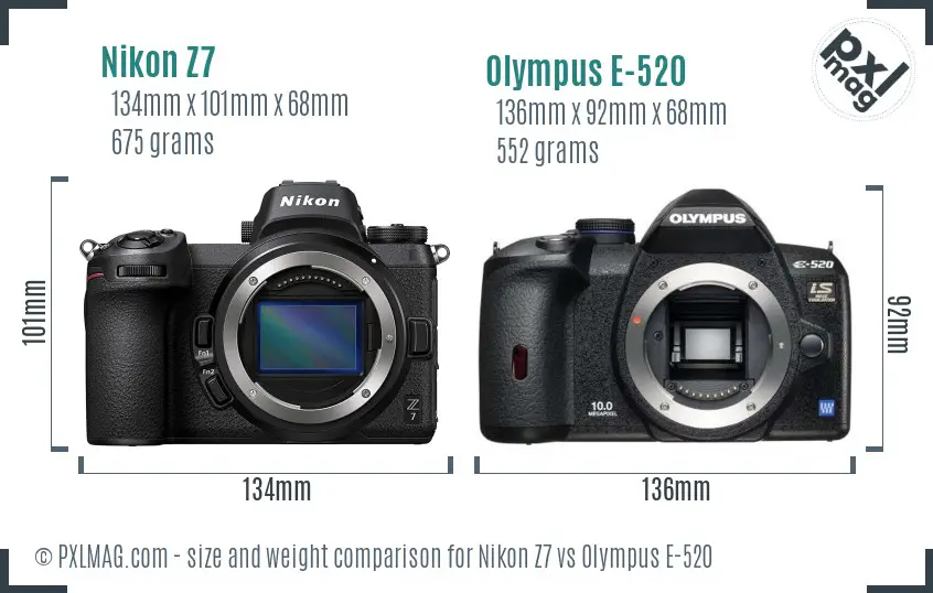 Nikon Z7 vs Olympus E-520 size comparison