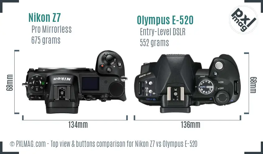 Nikon Z7 vs Olympus E-520 top view buttons comparison