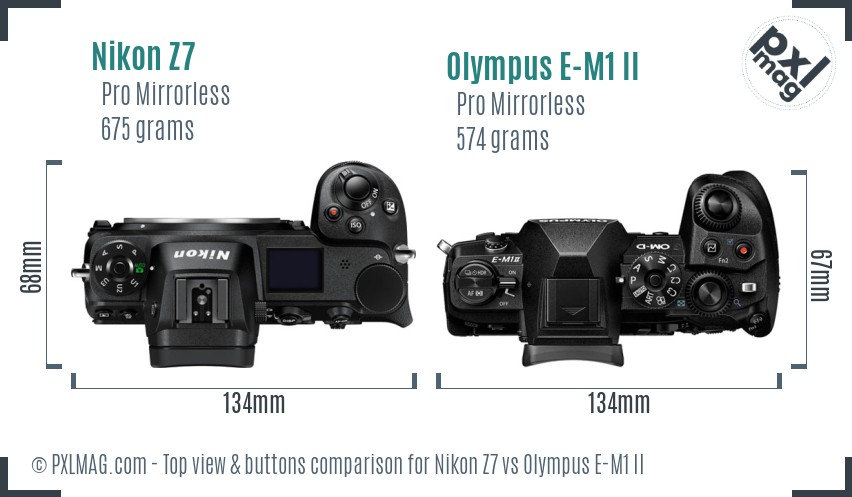 Nikon Z7 vs Olympus E-M1 II top view buttons comparison