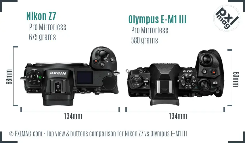 Nikon Z7 vs Olympus E-M1 III top view buttons comparison