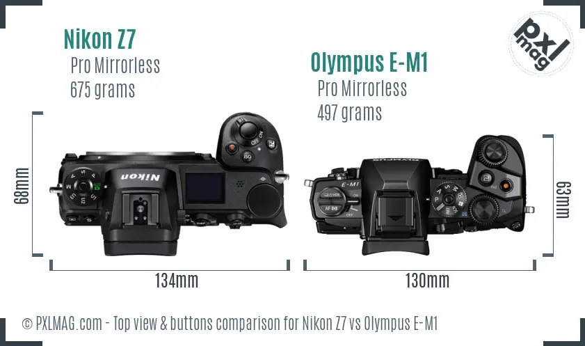 Nikon Z7 vs Olympus E-M1 top view buttons comparison
