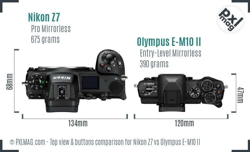 Nikon Z7 vs Olympus E-M10 II top view buttons comparison