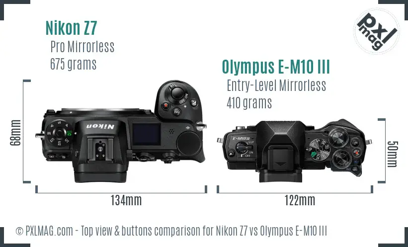 Nikon Z7 vs Olympus E-M10 III top view buttons comparison