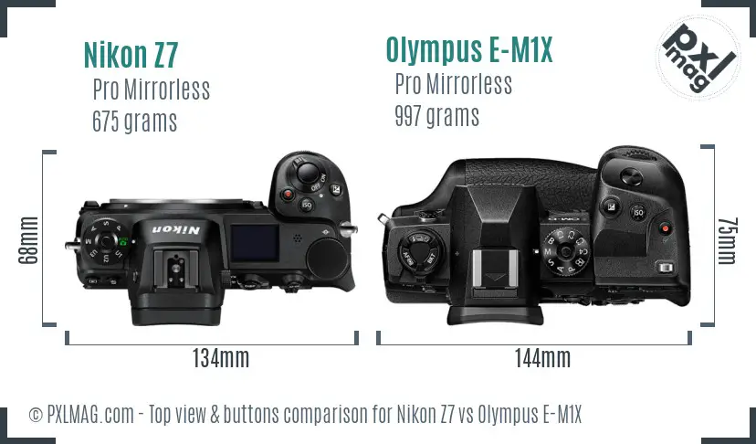Nikon Z7 vs Olympus E-M1X top view buttons comparison