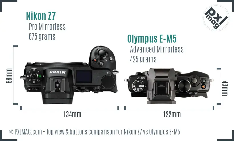 Nikon Z7 vs Olympus E-M5 top view buttons comparison