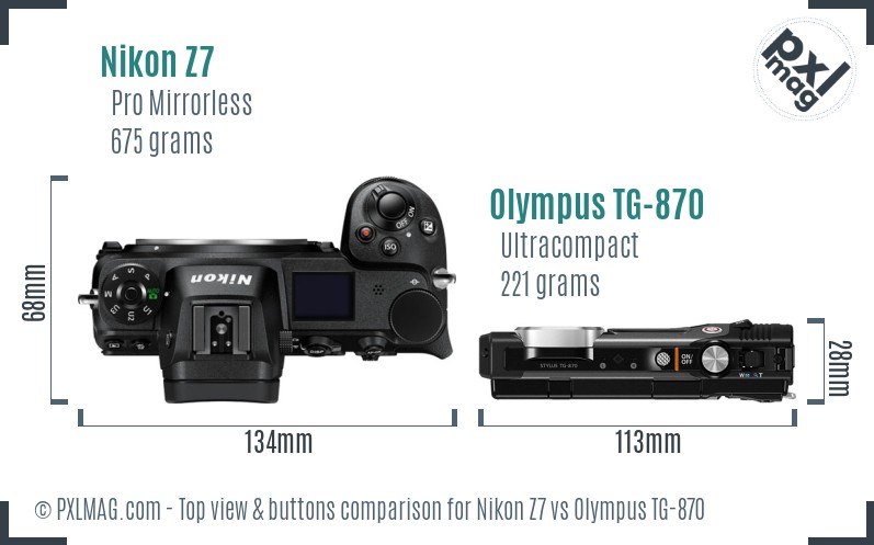 Nikon Z7 vs Olympus TG-870 top view buttons comparison