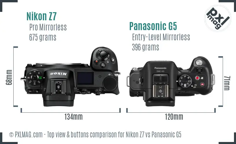 Nikon Z7 vs Panasonic G5 top view buttons comparison Nikon Z7 vs Panasonic G5 top view buttons comparison