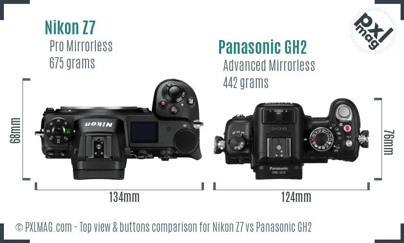 Nikon Z7 vs Panasonic GH2 top view buttons comparison Nikon Z7 vs Panasonic GH2 top view buttons comparison