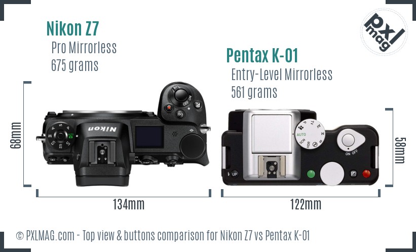 Nikon Z7 vs Pentax K-01 top view buttons comparison