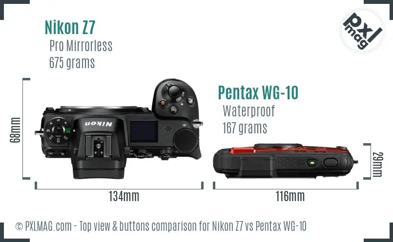 Nikon Z7 vs Pentax WG-10 top view buttons comparison