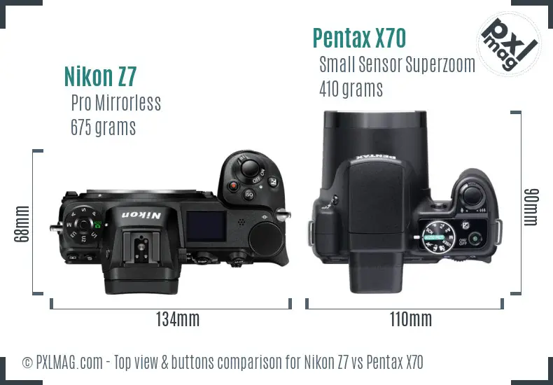 Nikon Z7 vs Pentax X70 top view buttons comparison